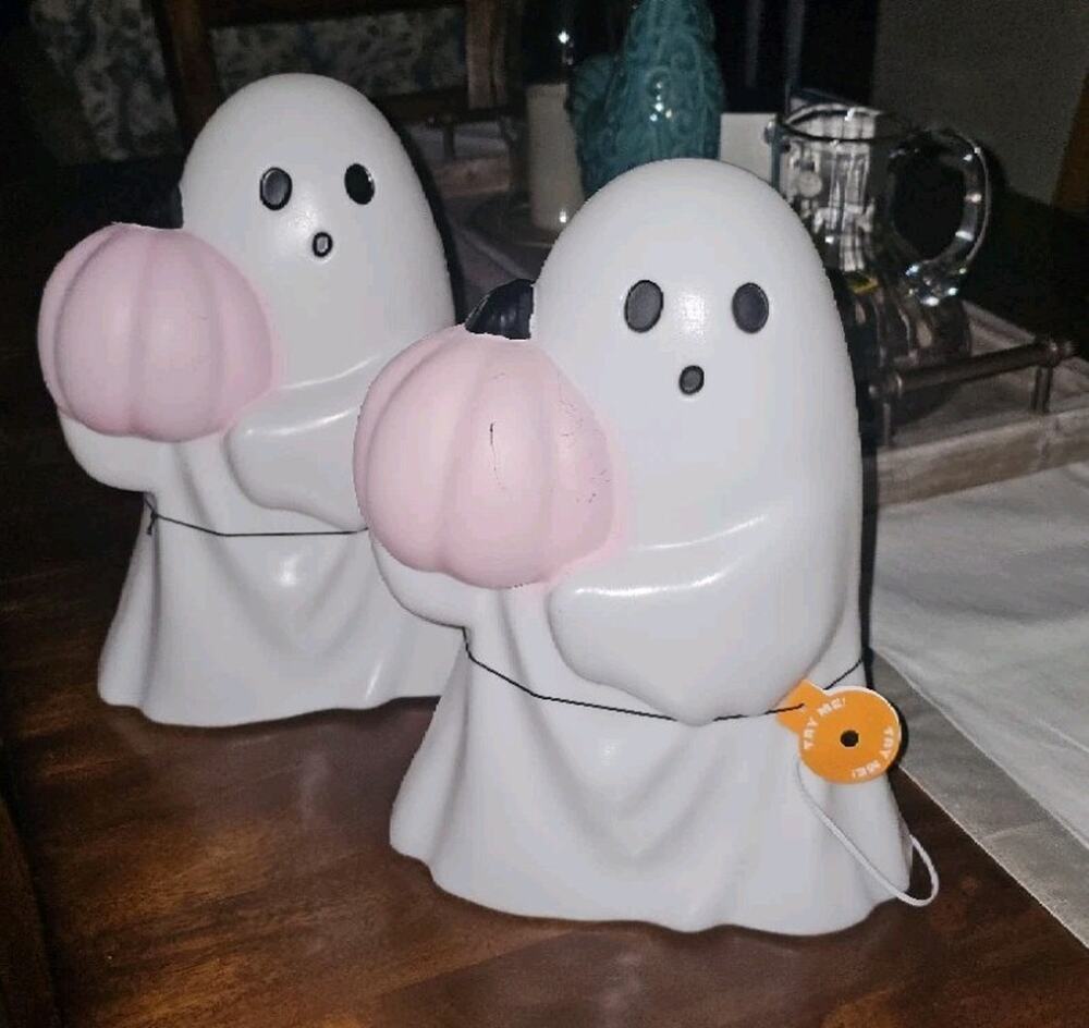 Hyde & Eek Ghost Pink Pumpkin Blow Mold 13 3/4” Light Up Halloween RARE Set of 2